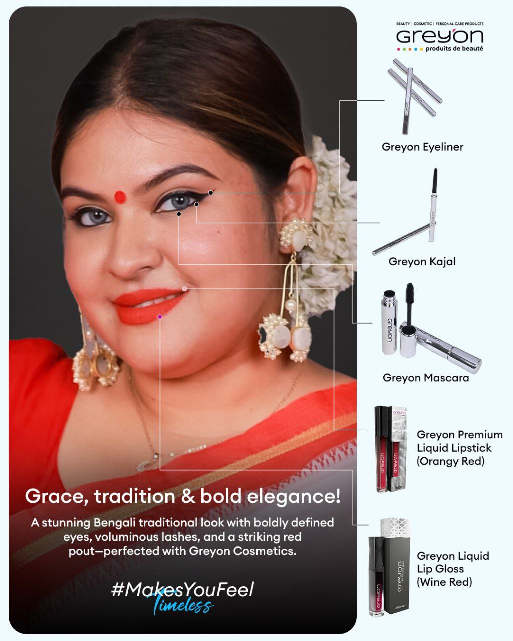 Bengali look with defined eyes and a bold red lip