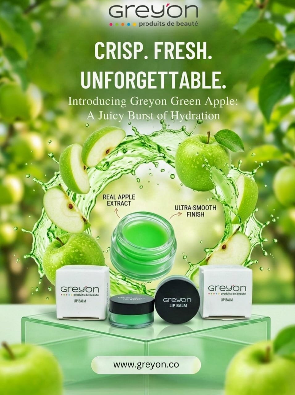 Greener Green Apple lip care set by Greyon, featuring a jar of bright green lip balm, two white boxes of lip balm, and a black cap, arranged on a green reflective pedestal with green apple graphics and text overlays.